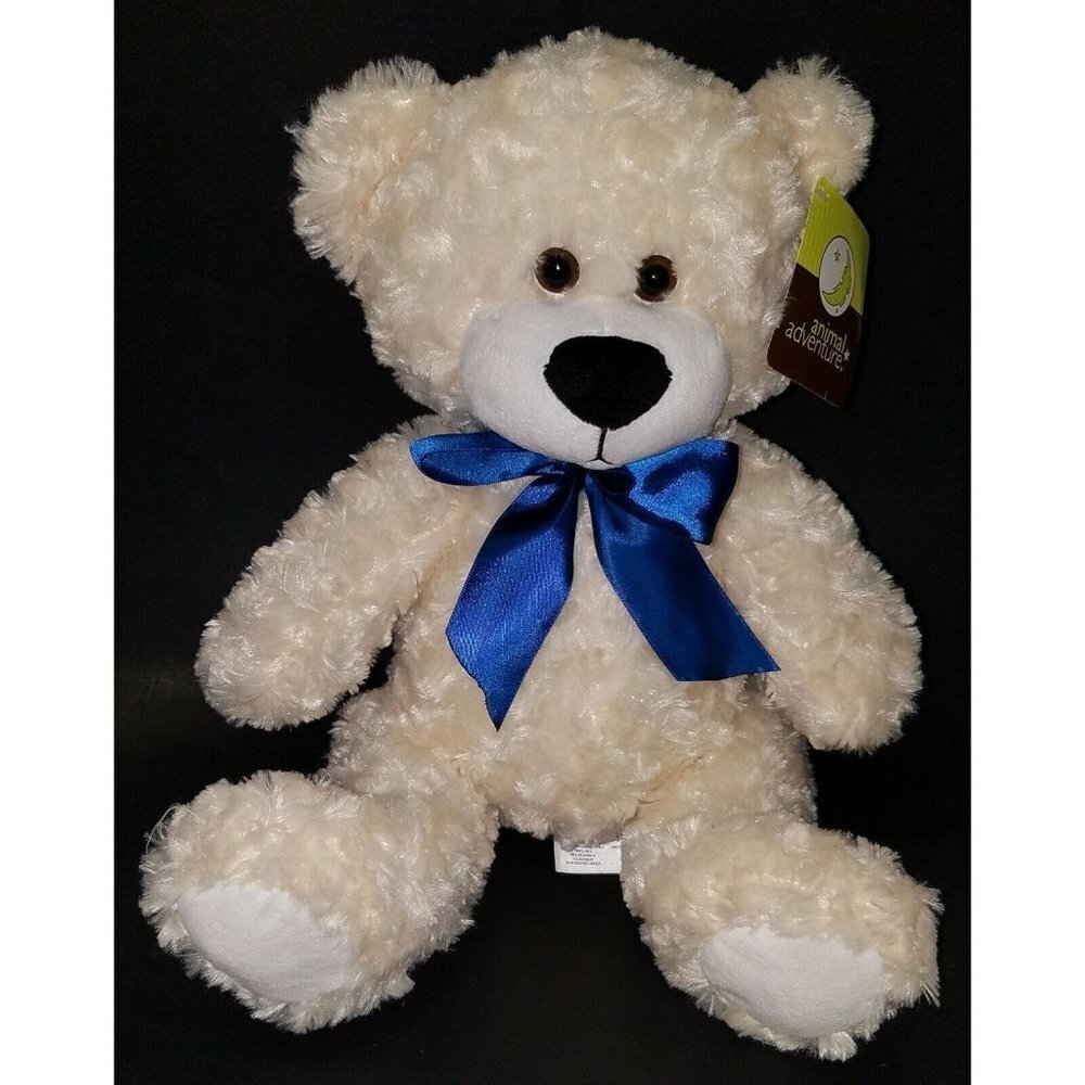 Animal Adventure Cream Teddy Bear Plush 13" Stuffed Toy Blue Bow 2017 w/ TAG